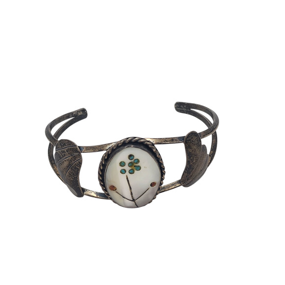 Zuni Jewelry Sterling Cuff Bracelet Coral Turquoise MOP 17g Native American 6" - Picture 7 of 16